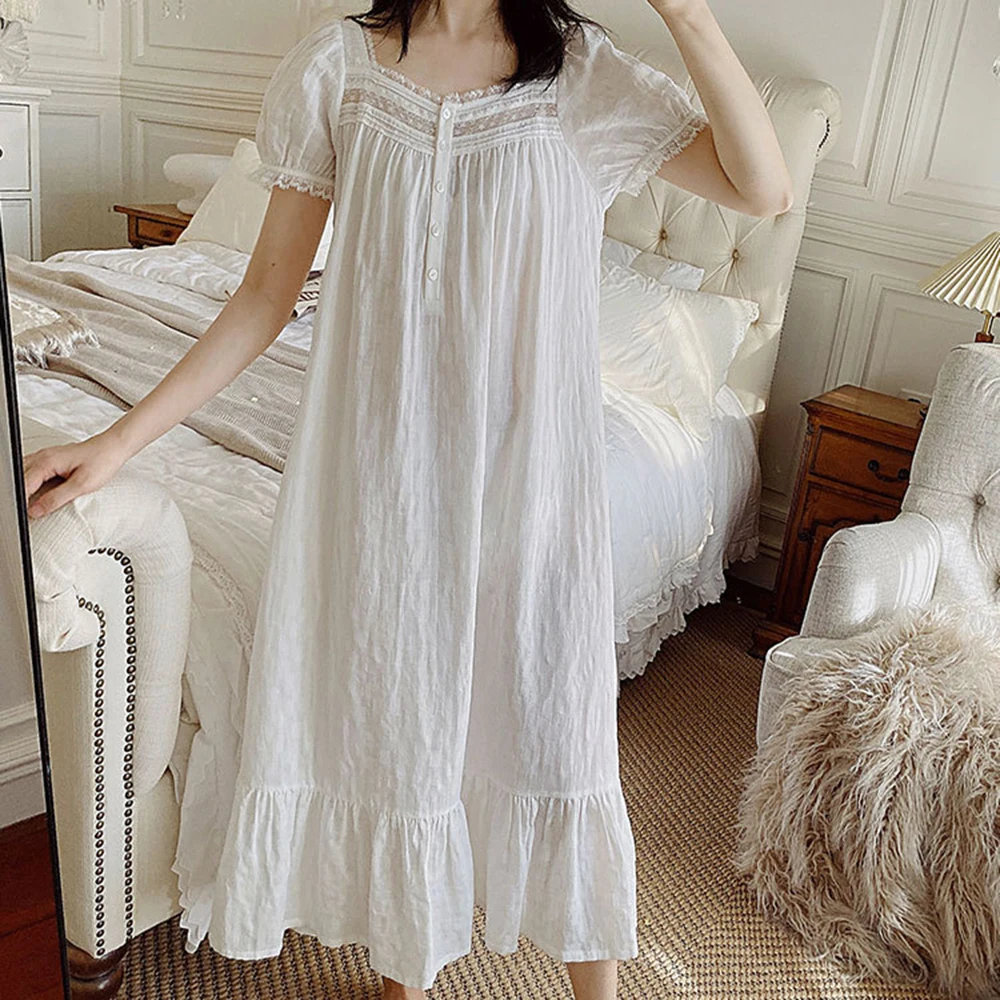 2024 French Palace Style Short Sleeve Summer Nightdress Women Homewear Gown 100% Pure Cotton Nightgown Thin Lounge Oversize