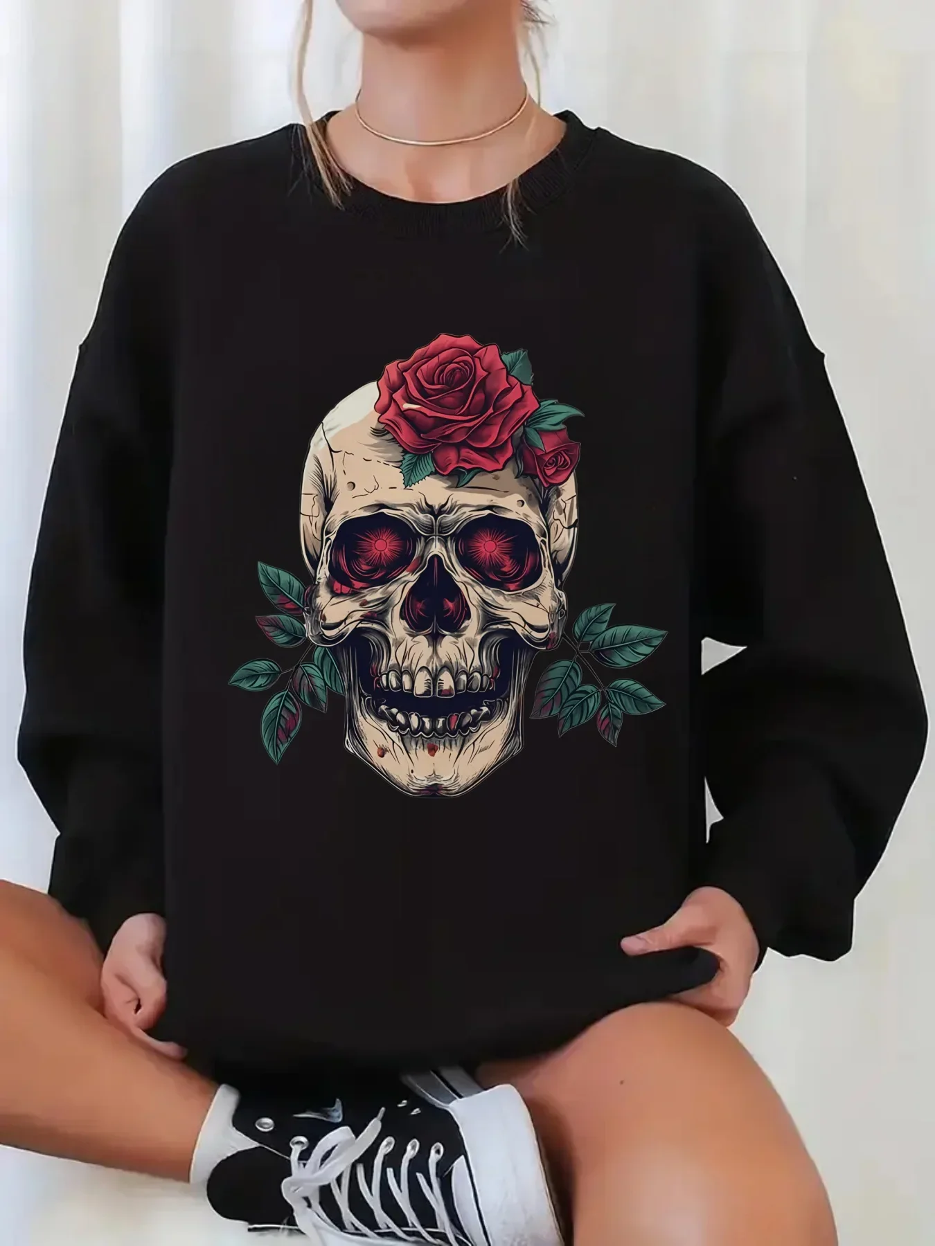 Sudadera gótica Feng Shui con estampado de calavera rosa colorida, estilo alternativo, sudadera con capucha de cuello redondo a la moda para mujer