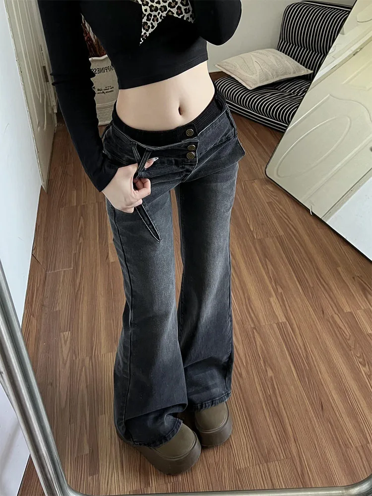 

Ретро американские пряные девушки в стиле пэчворк, широкие джинсы с высокой талией, хлопковые эластичные джинсы, зимний дизайн, уникальная женская мода