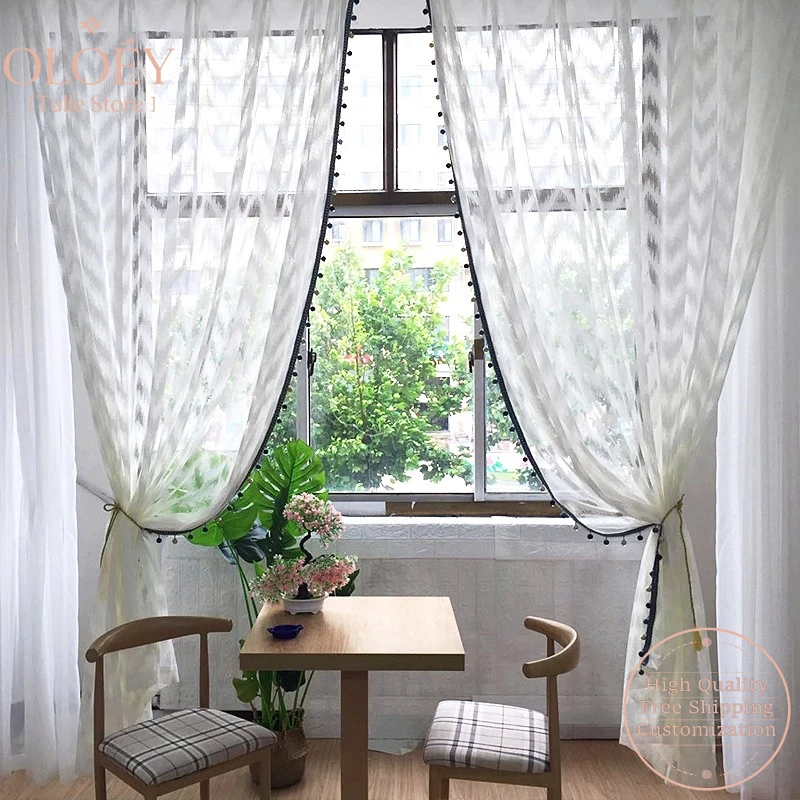 New Modern Tulle Woven Dreamy Living Room Bay Window Simple Solid Color Drapes Curtains for Balcony Wave Pattern Light Filtering