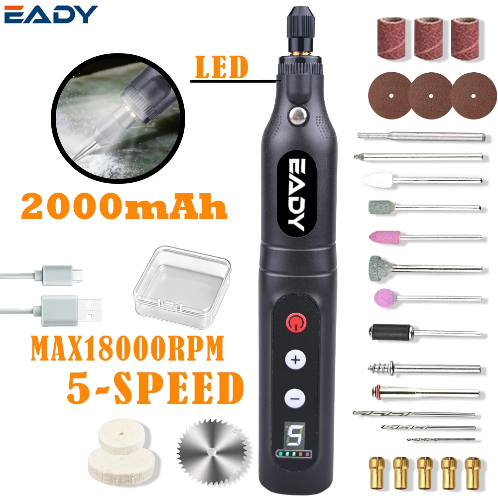 EADY Akku-Rotationswerkzeug, Mini-Bohrmaschine mit 5 Geschwindigkeiten und LED-Arbeitslicht, USB-C Mini-Graviermaschine für Schmuck, Holz, Metall, Glas, DIY-Set – Detail 10