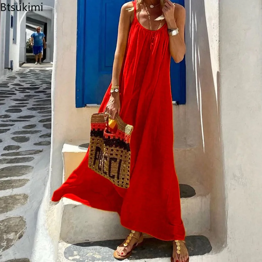 Verão feminino sem mangas solto praia vestido longo sólido férias praia tanque vestido até o chão algodão linho maxi vestido