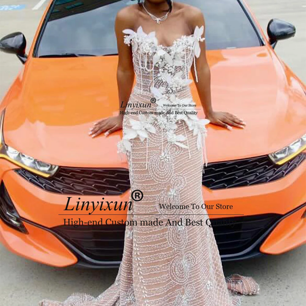 فساتين حفلة موسيقية كلاسيكية مطرزة بالخرز للفتيات السود على شكل ورقة حورية البحر فساتين حفلات مسائية مخصصة بدون أكمام لؤلؤ فيستدو مادرينها