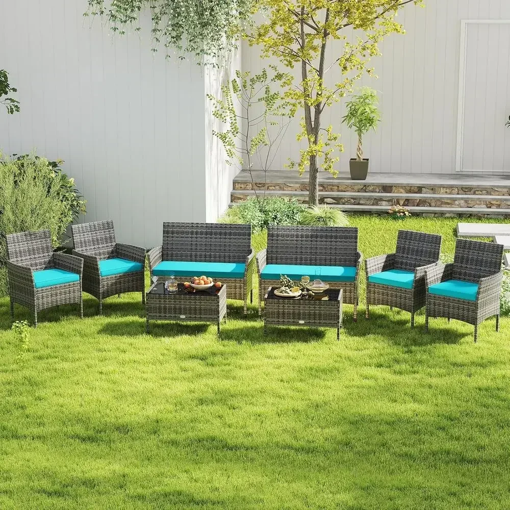8-Piece Outdoor Patio Furniture Set - Wicker Bistro with Cushions, Glass Table, Chairs & Loveseat for Garden, Pool, Porch, Balco