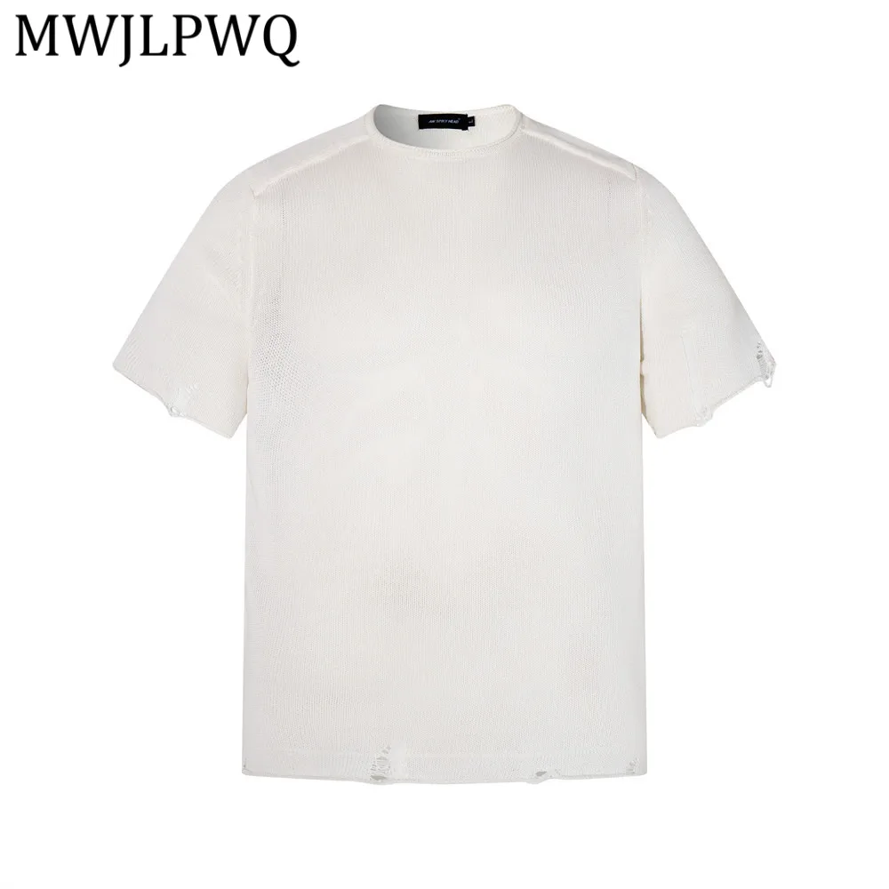 

MWJLPWQ Американская трикотажная футболка с коротким рукавом в стиле distressed для мужчин, летняя, однотонная, повседневная, свободного кроя, трендовая, уличная одежда 14094