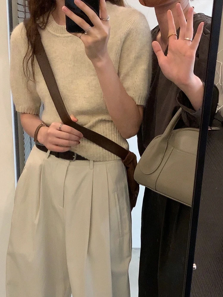 

Korean Sle ort Sve Knitted irt Women's Summer Slim Fit ort T-irt Inner Wear Top Light Weight Color