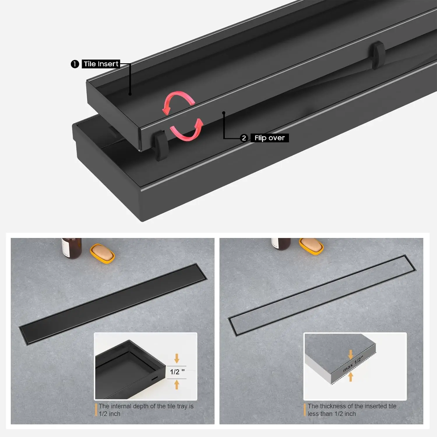 Modern Rectangle Matte Black Linear Shower Drain 24-Inch 304 Stainless Steel Hotel Use Easy Clean Eco-Friendly Tile Insert