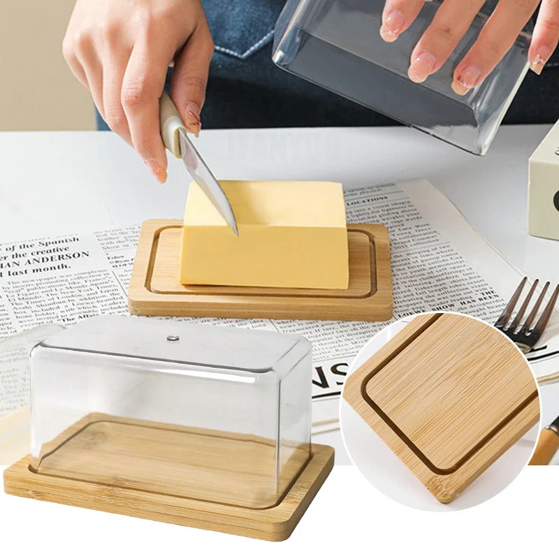 Plato de mantequilla de bambú para encimera nórdica con tapa acrílica transparente, contenedor de mantequilla para almacenamiento de cocina, vajilla para mantequilla