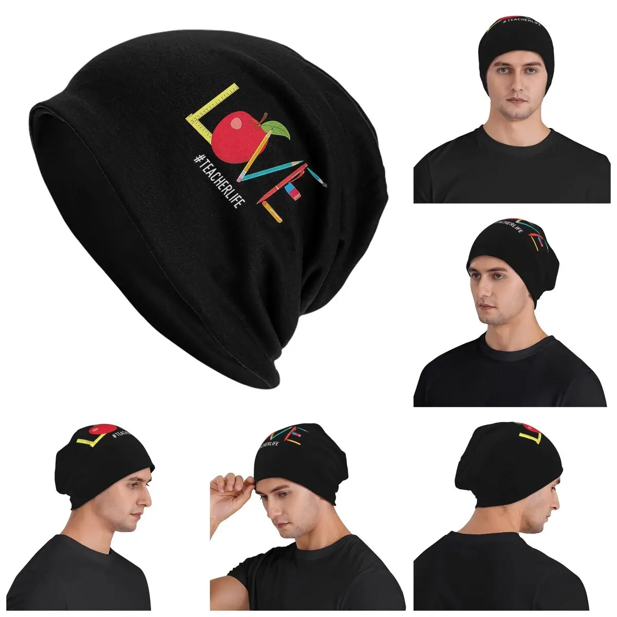 

Love Teacher Life Apple Pencil Warm Knitted Cap Fashion Bonnet Hat Autumn Winter Outdoor Beanies Hats for Unisex Adult