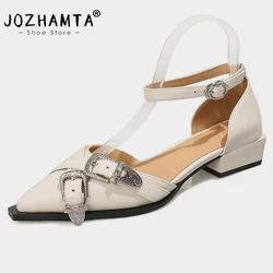 JOZHAMTA Size 34-40 Genuine Leather Women Flats Sandals Buckle Strap Chunky Mid Heels Summer Shoes Vintage Office Lady Dress