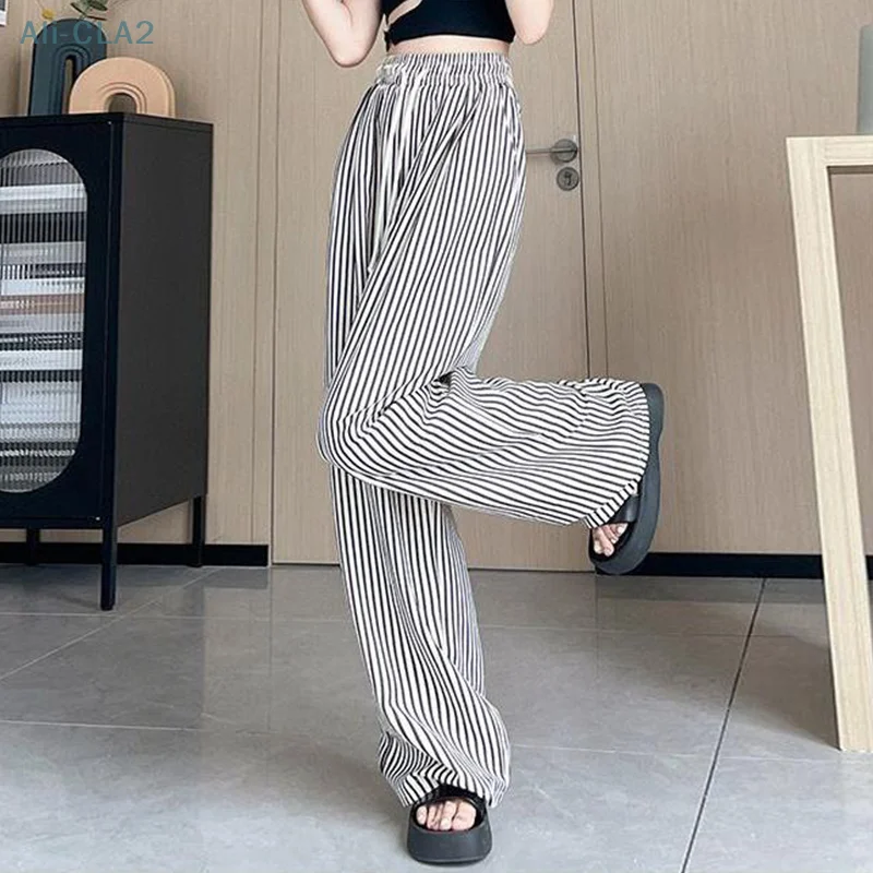 

Vertical Striped High Waisted Drawstring Loose Fashionable Casual Pants For Women