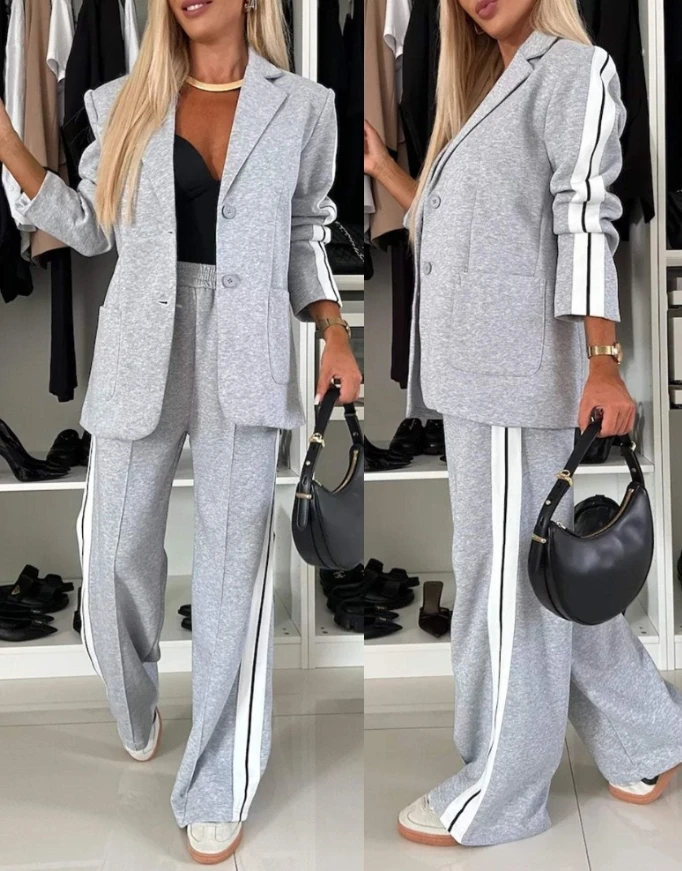 Women's Fashion Striped Sporty Two Piece Sets Outfit Suit Jacket + Wide-Leg Pants Pants Set