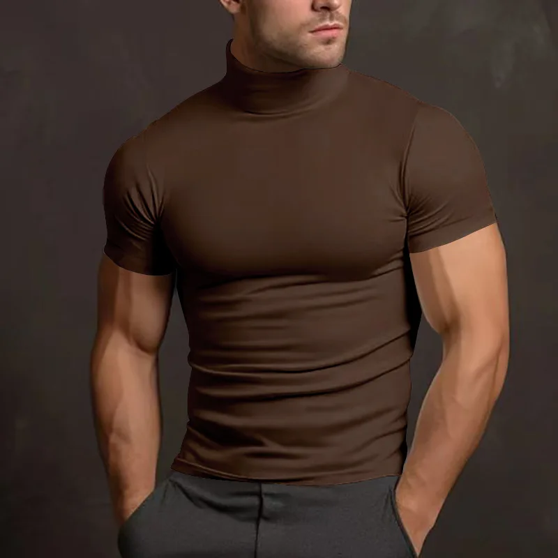 Cross-border Amazon 2024 summer solid color short-sleeved fashion bottoming shirt men\'s tight turtleneck T-shirt