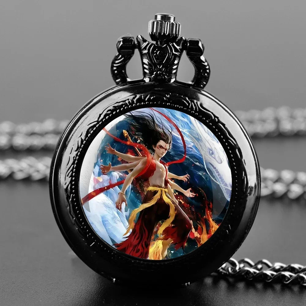 Nezha 2 Hot New Movie Anime Glass Dome Pocket Watch with Chain Necklace Vintage Quartz Pendant Watches Mens Women Gift