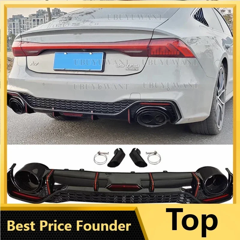 Rear Diffuser Lip For Audi A7 S7 Sline 4 Door 2019 2020 (Not fit standard A7) Rear Bumper Diffuser Lip Spoiler with Exhaust Tips