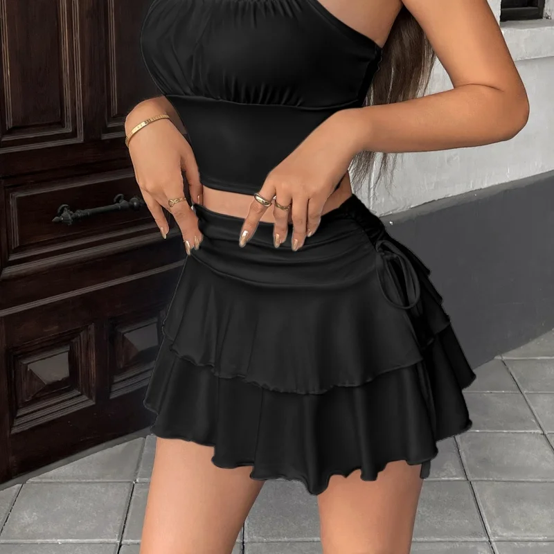 Einfarbiger Rock für Damen, Sommer, neuer Y2K-Stil, vielseitig, hohe Taille, Schleife, Schnürung, schmal geschnitten, elastische Taille, kurzer, plissierter Kawaii-Rock
