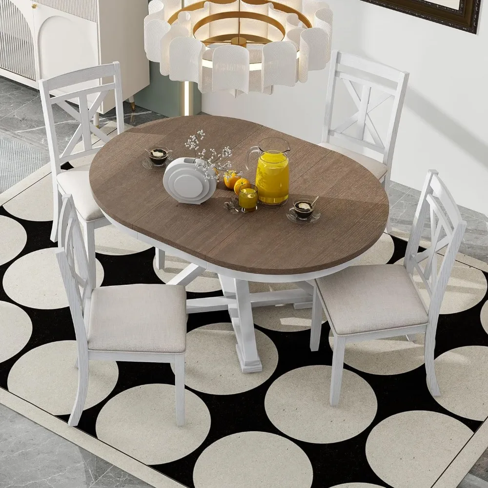 

5-Piece Dining Table Set with Round Table and 4 Upholstered Chairs,Kitchen Furniture w/ 12 Movable Leaf and Umbrella Bones