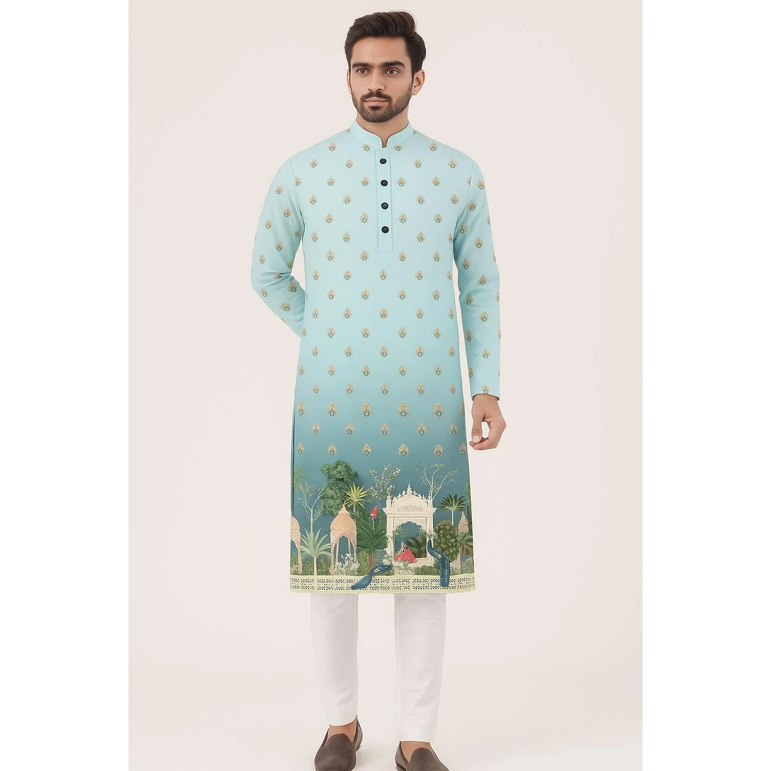 2025 men digital printed kurt vardha regular fit Mandarin collar long suitable All Occasions such wedding Hari Raya Aidilfitri