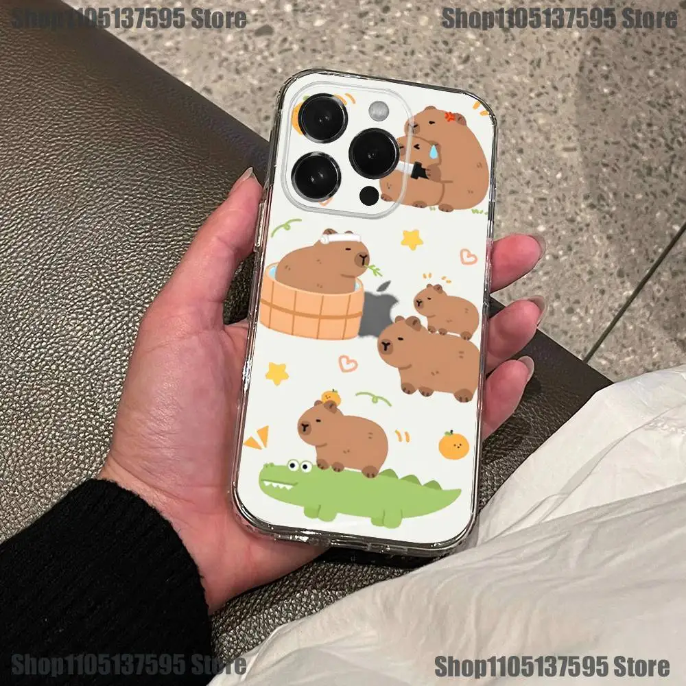 Casing HP Lucu Kartun Kapibara Imut Untuk iPhone 16,15,14,13,12,11 Pro,Max,Plus,X,XS,XR,SE4,E Mini Transparan Bahan Lembut