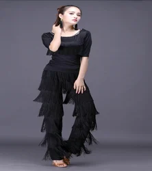 New Latin Dance Tassel Trouser Performance Set for Female Adult Medium sleeved Long sleeved Tassel Top Training Dress