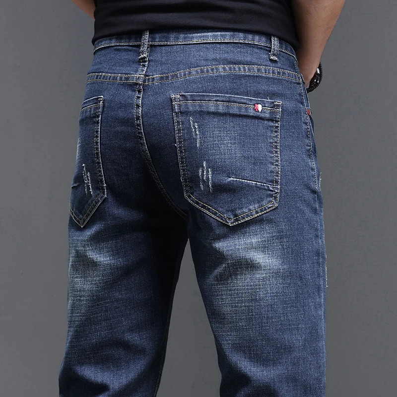 Autumn New Men's Slim Jeans Fashion Korean Scratched Stretch Cotton Washed Denim Pants Black Blue Brand Skinny Trousers