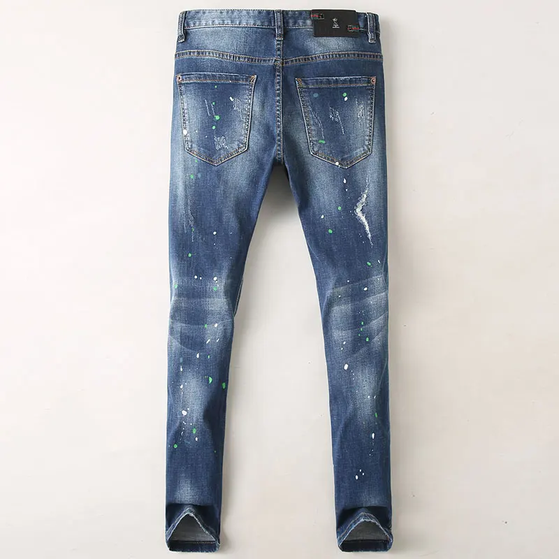 Street Fashion Men Jeans Retro Blue Elastic Skinny Ripped Jeans Men Vintage Trousers Painted Designer Hip Hop Denim Pants Hombre