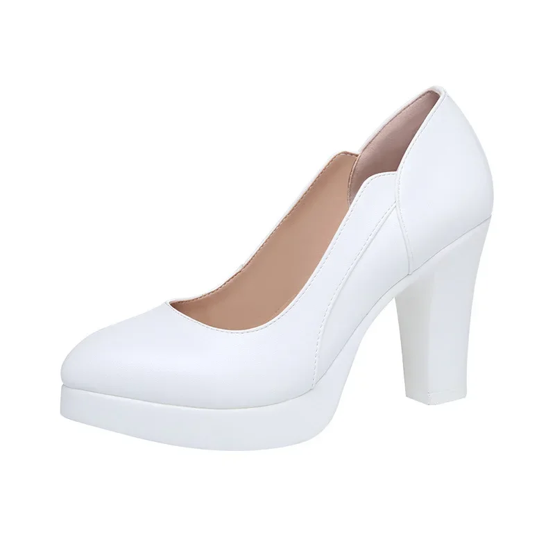 5cm 8cm Small Size 32-43 White Wedding Shoes Women Pumps 2024 Shallow Block High Heels Shoes Soft Leather Office Mom Model Court