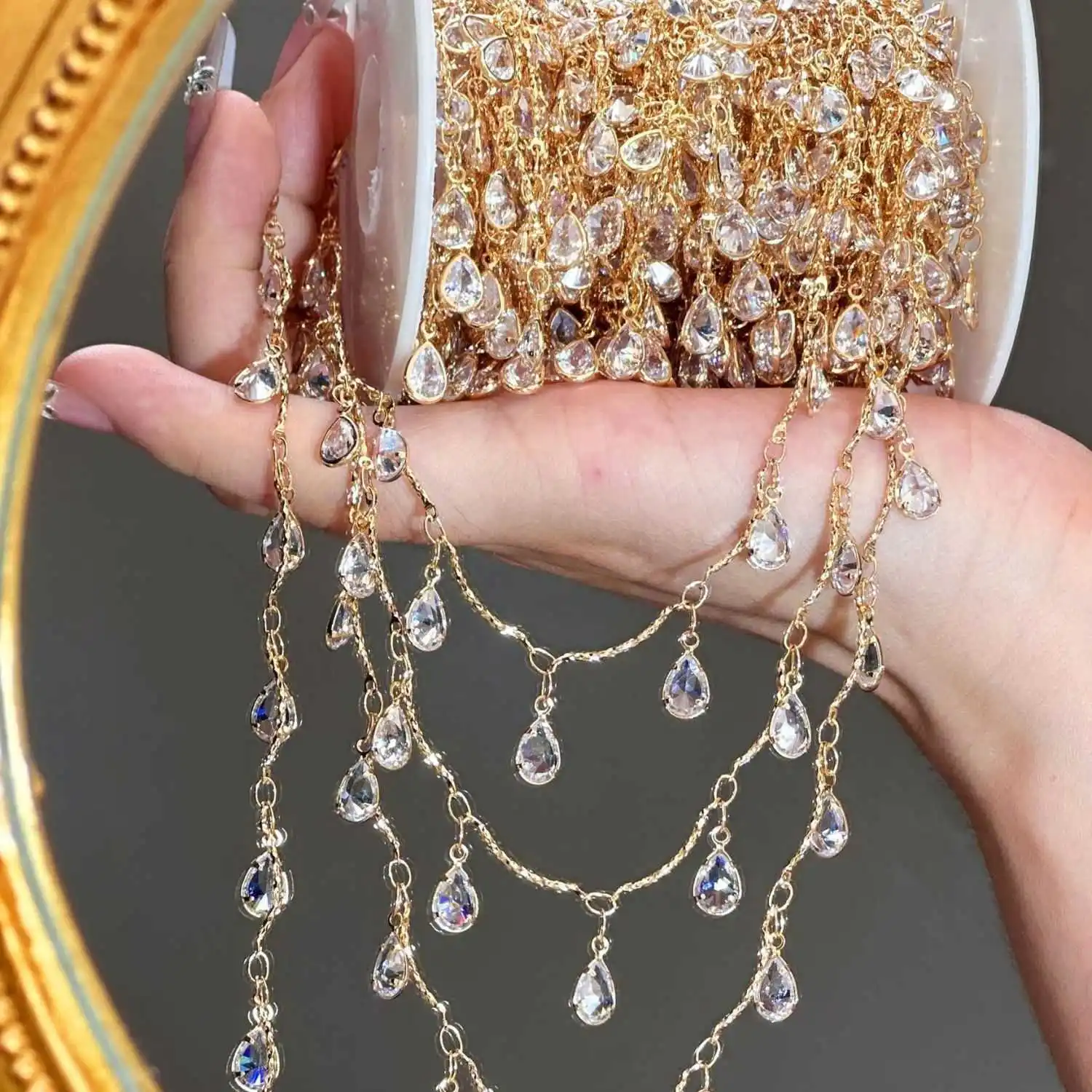 

0.5/1/2M/lot Waterdrop-shaped Zircon Handmade Chain For DIY Bracelet Necklace Clothing Accessories And Hair Crown Chain Material