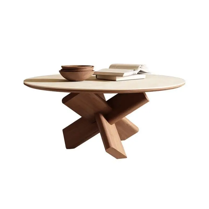 Pure white rock slab coffee table, solid wood small apartment, round wabi sabi mid-ancient style Luban lock tenon and tenon ash