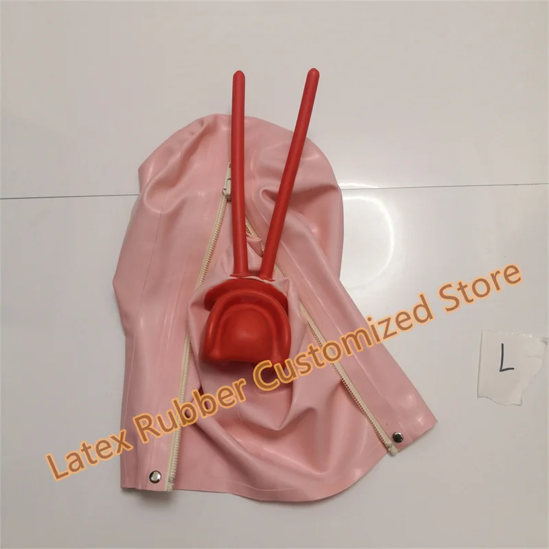 Baby Pink  Latex Hood W short / 15CM Long Nose Tube Red Teeth Gag Rubber Mask Back Zip Men Women Halloween Cosplay Costume