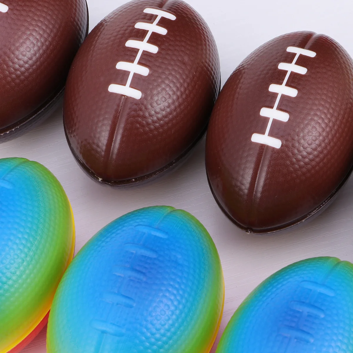 6pcs 9cm Sponge Bouncy Rugby Elastic Colorful PU Jumping Balls Toy for Children Kids (Coffee + Rainbow Color Each )