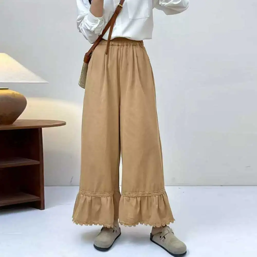 Japonês doce mori menina cor sólida renda bainha calças de perna larga feminino outono nova cintura elástica casual solto calças retas