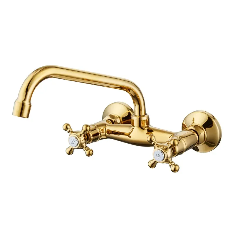 Wall Mounted Bathroom Basin Faucet Wall Mounted Double Handle Europe Style Sink Mixer Brass Gold Chrome