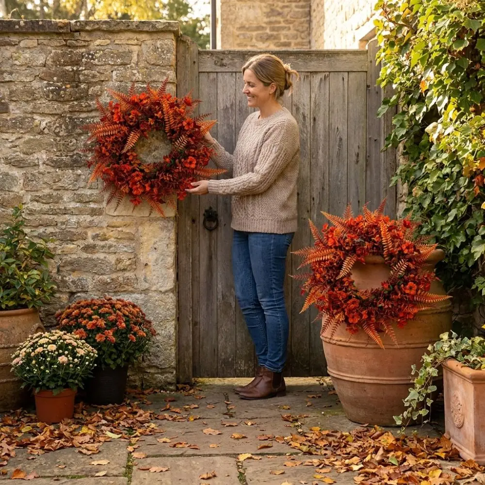 50 CM Artificial Fern Violet Eucalyptus Wreath Plastic Long Lasting Autumn Front Door Wreath Rustic Style Round