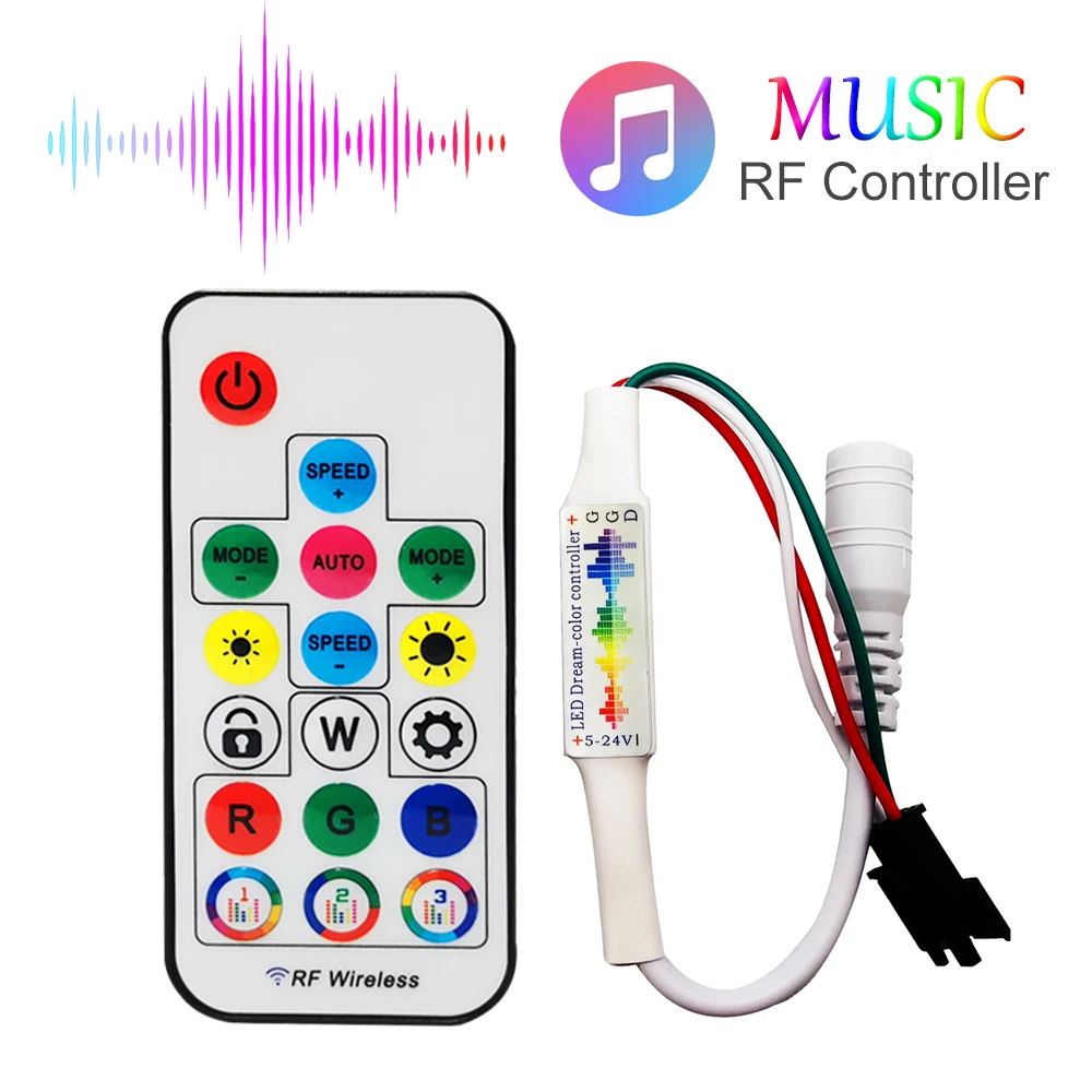 DC5-24V 17 klawiszy muzyczny kontroler Led 3Pin Mini RF Remote dla WS2812B WS2811 5050 RGB indywidualnie adresowalny pasek 358 trybów