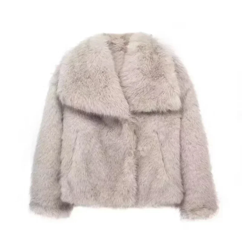 Autumn Winter Women Cropped Faux Fur Jacket Open Front Fur Coat Lapel Collar Casual Fluffy Fur Overcoat Outerwear Plush Parka