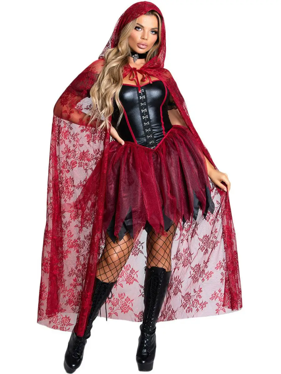

loween Little Red Riding Hood Costume Festival Performance Stage Costume Vinyl Leather Death God Robe Outfit