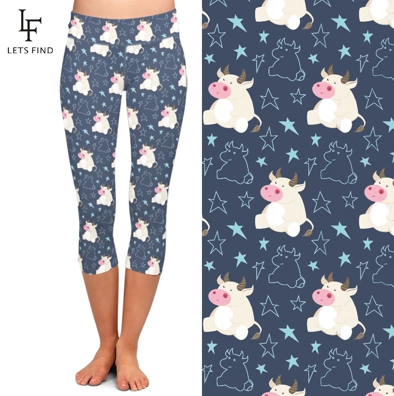 LETSFIND Summer New Cute Cartoon Cow Print Women Elastic Capri Leggings High Waist  Fitness Slim Mid-Calf Leggings