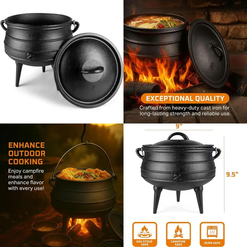 

3-Legged 6-Quart Cast Iron Potjie Pot with Lid - Outdoor Dutch Oven for Camping and Fire Cooking - Ideal for Stews, Chilis, Slow