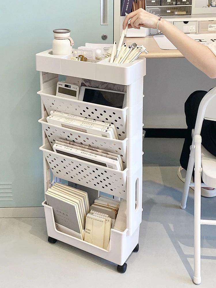 

Small bookshelf next to the desk, floor to floor storage rack, simple seam on the desk edge, small cart with wheels, storage