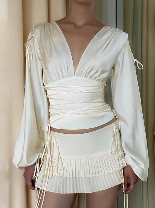 

Autumn Long Sleeve High Elasticity Satin Waist Cinched Shirt Drawstring for Women Temperament Commuting Women's Elegant Blouses