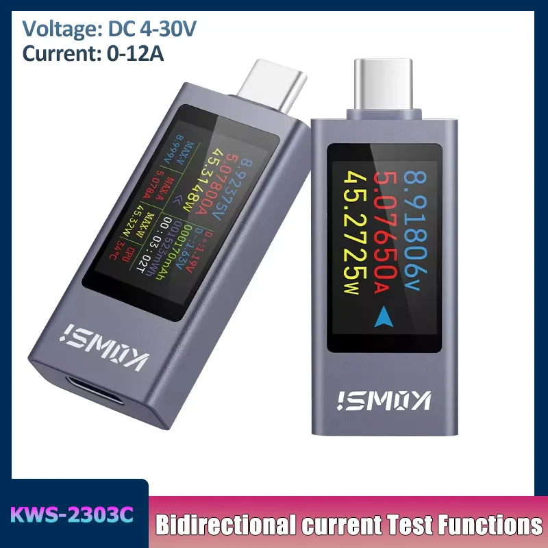 Multifunções Digital dc Amperímetro de Tensão Medidor de Potência Testador de Carregamento de Celular Tipo-c 430v 012a Kws2302c Kws-2303c