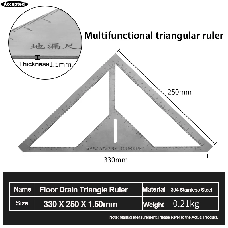 Triangular Floor Drain Ruler Multifunctional Ceramic Tile Stainless Steel Triangular Ruler Tile Mason Bathroom Measuring Tool