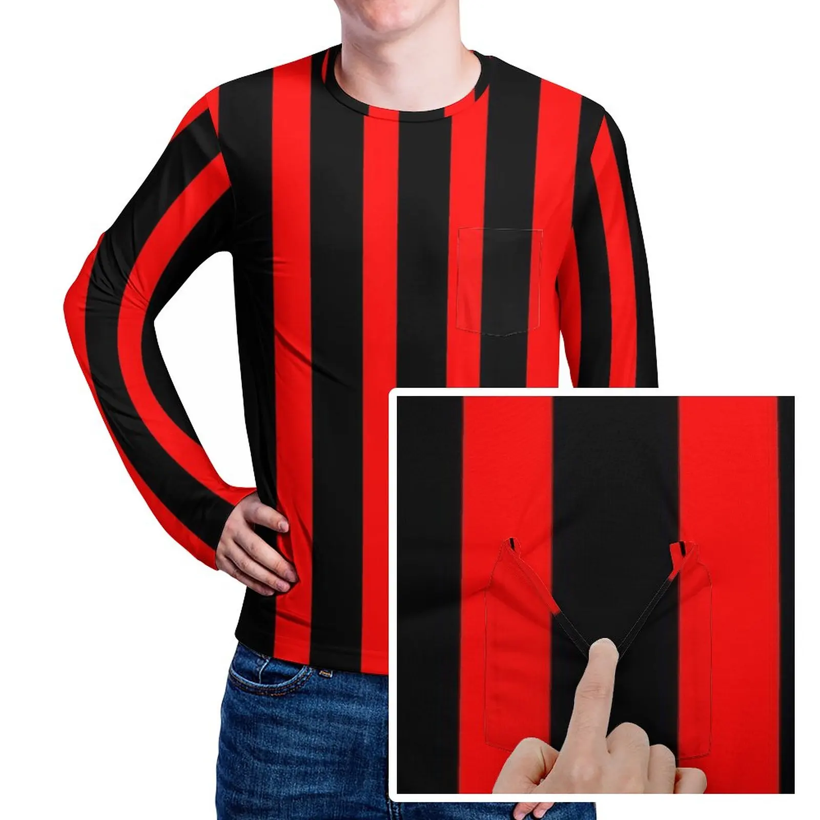 Camiseta de rayas verticales con estampado rojo y negro para hombre, camisetas geniales, camiseta personalizada de manga larga, regalo clásico de gran tamaño, otoño