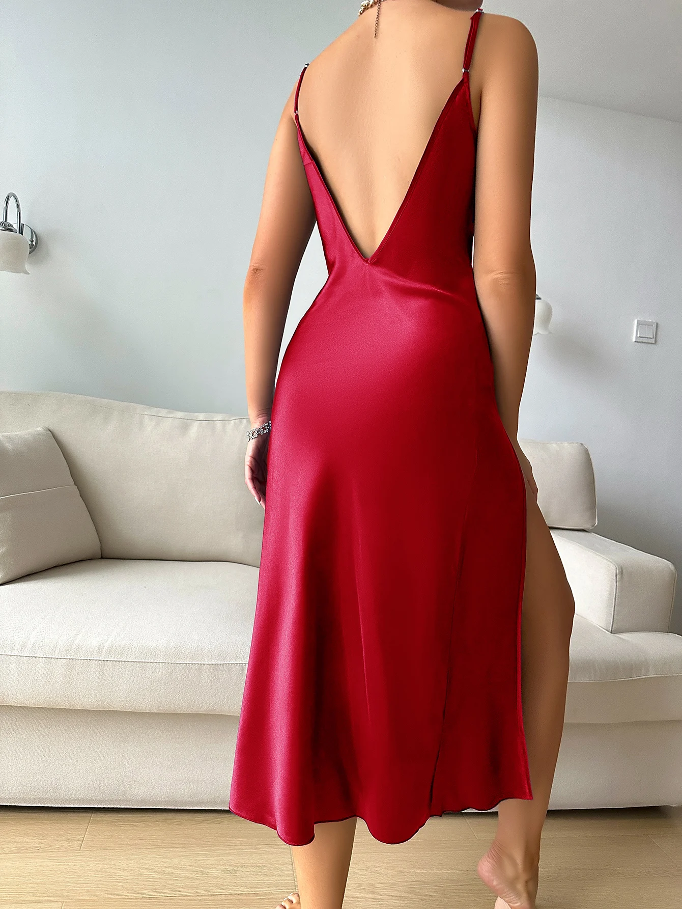 Red Lace-up Straps Nightdress Comfort Sexy V-Neck Spaghetti Strap Pajama Dress For Valentine\'s Gifts Women\'s Sleepwear