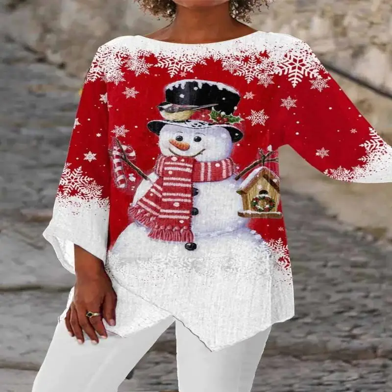 Plus Size Women Asymmetrical 3/4 Sleeve Scoop Neck Printed Graphic Christmas Tops