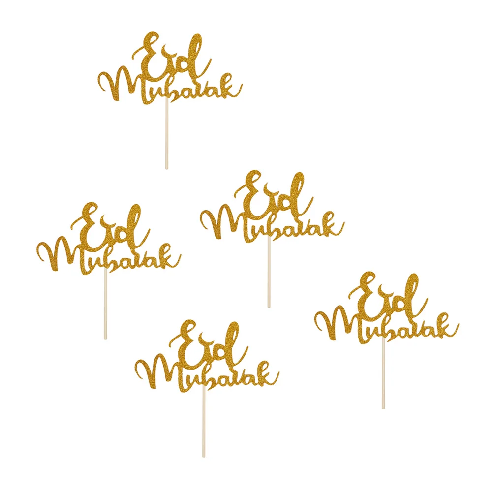 

5pcs Eid Mubarak Cupcake Pick Paper Muslim Eid Mubarak Cake Stick Pick Topper Decor Cake Decorations(Golden)