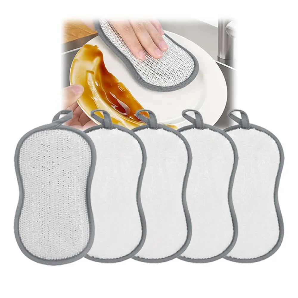 

Губки для уборки, многофункциональные губки для интенсивной чистки, двусторонние губки с серебристой нержавеющей сталью и многослойным волокном