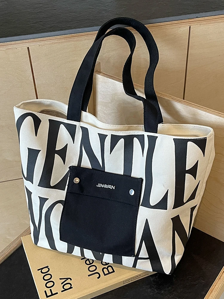 Korean Style Women’s Handlebags Fashion Large Capacity Letters Printed Canvas Underarm Shoulder Bags Chic Ladies Commuter Totes