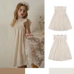 Vestido de algodón puro hecho a mano para niñas, bordado a mano, mangas voladoras, ropa Beige, cumpleaños, príncipe, vestidos de verano, novedad de 2024